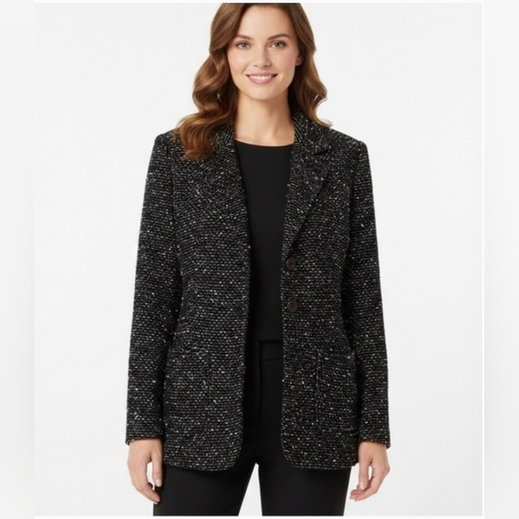 Newport News Jackets & Blazers - Newport News Black Pebbled Tweed Lined Blazer with Pockets Women's Size 16